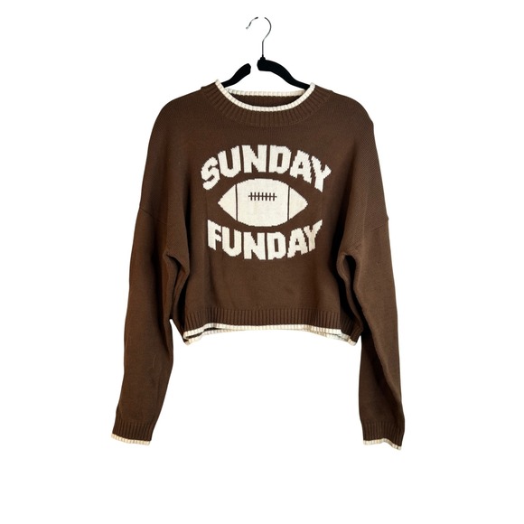 Jessica Simpson Sweaters - Jessica Simpson Women's Brown Sunday Funday Football Graphic Cropped Sweater M